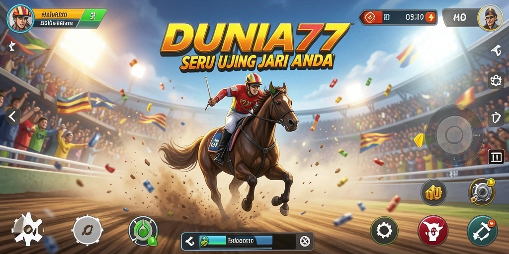 Screenshot gameplay DUNIA77 dengan mobil balap di lintasan.