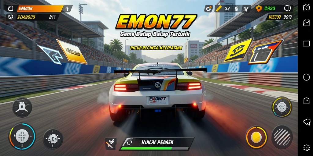 Tampilan menarik dari gameplay balap yang mendebarkan di EMON77.