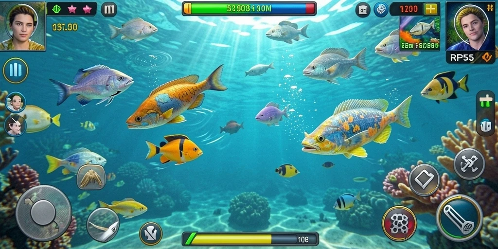 Gameplay seru RP55 dengan ikan berwarna-warni dan aksi tembak menembak.