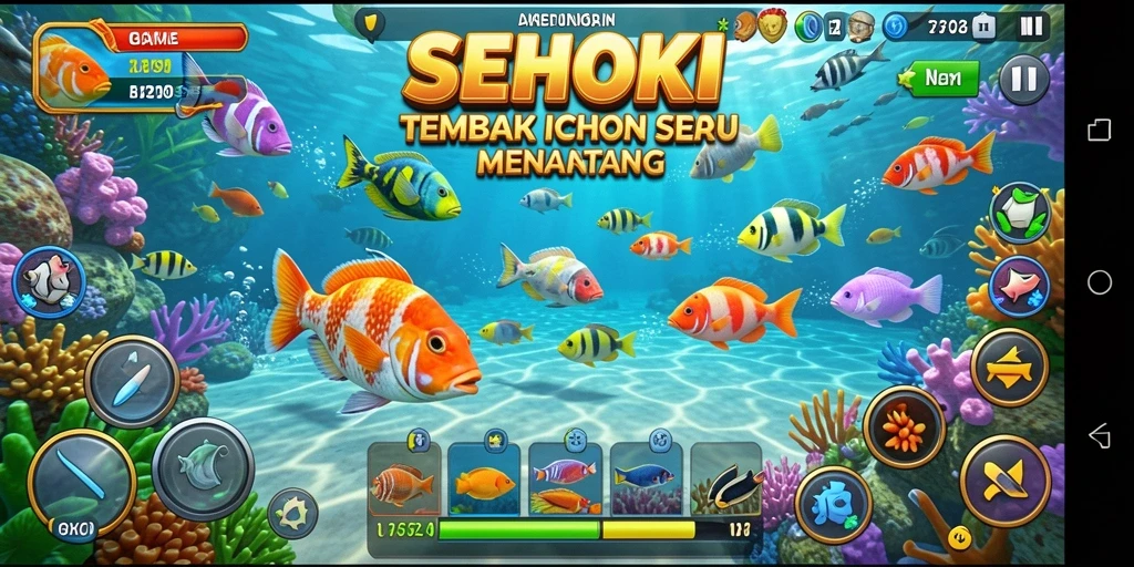 Gameplay seru SEHOKI dengan penembakan ikan yang menantang.