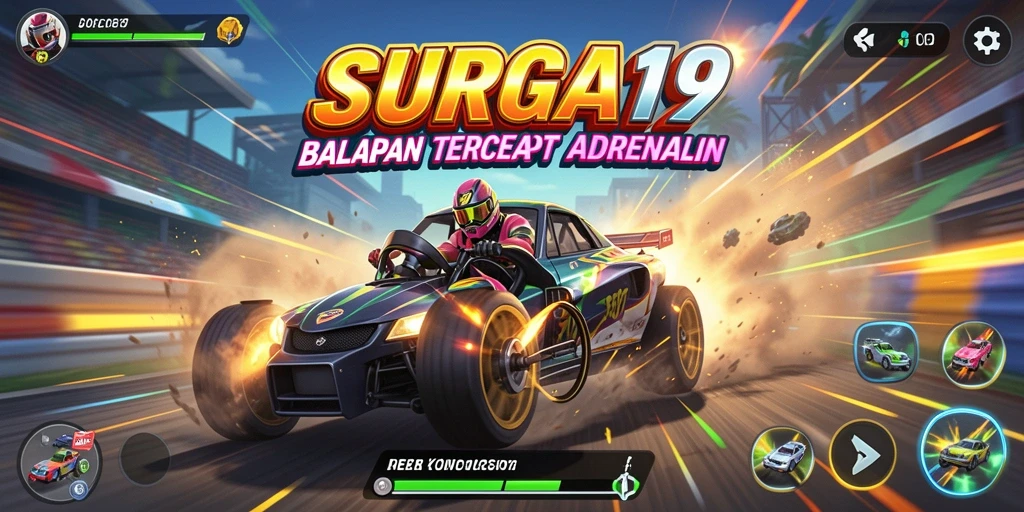 Screenshot gameplay SURGA19 dengan aksi balapan yang menegangkan.