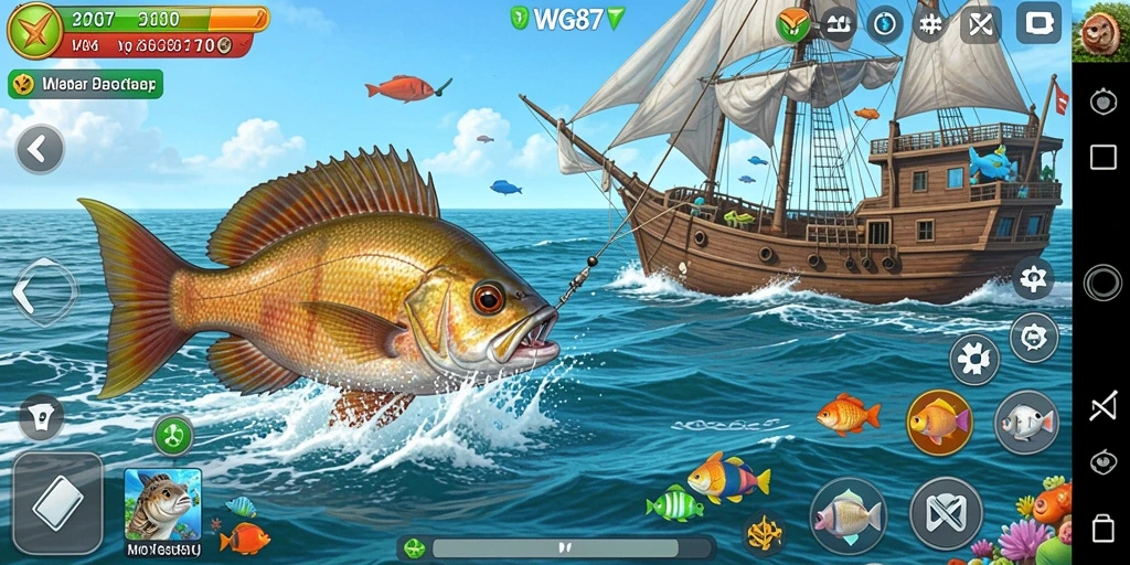 Screenshot gameplay WG87 dengan aktivitas memancing yang seru.